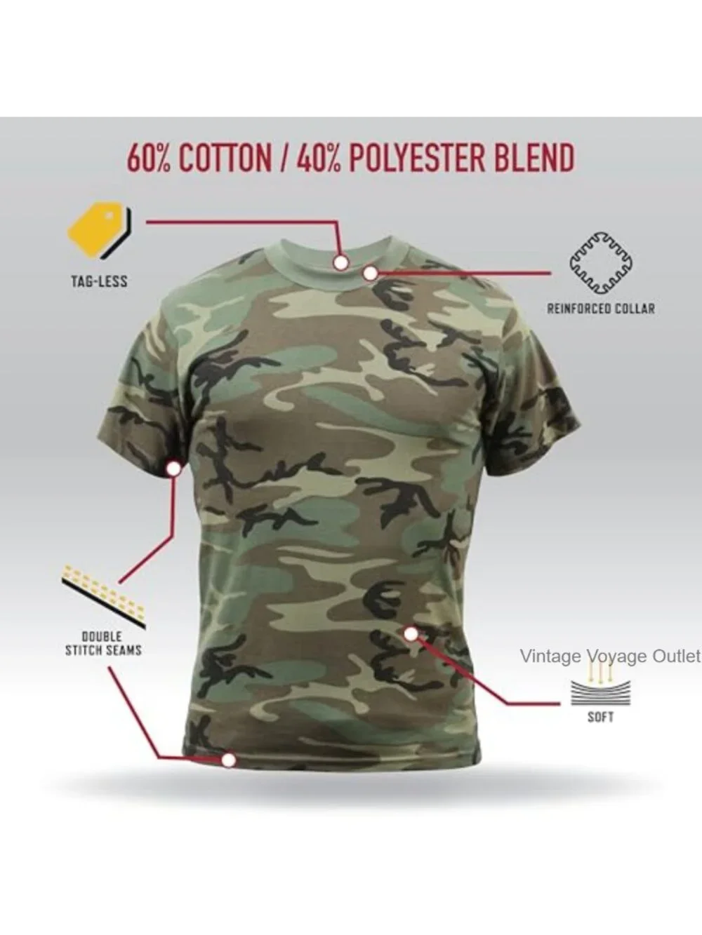 Vintage Camo Short Sleeve T-Shirt for Men - Polycotton Blend - Crew Neck Pull On